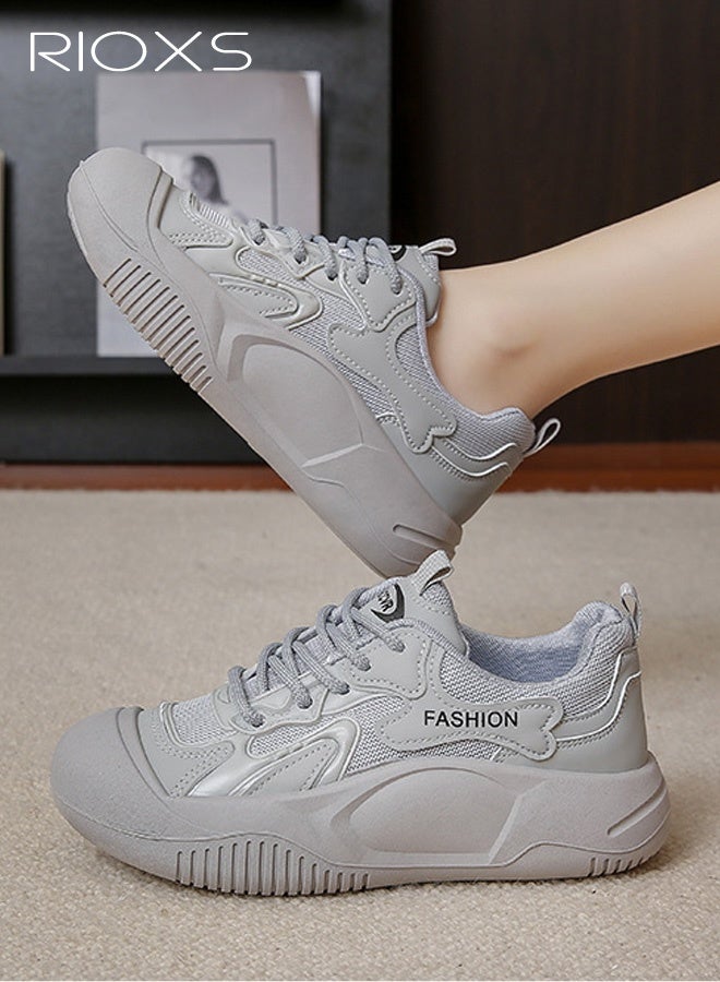 RIOXS Women's Breathable Casual White Sneakers, Fashionable Lace-Up Low-Top Thick-Sole Shoes, Classic Round Toe Comfortable Thick Sole, Versatile Everyday Style for Fashion and Practicality, Grey - Image 1